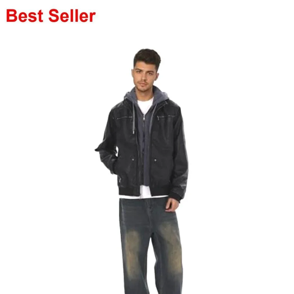Men's Faux Leather Jacket with Removable Hood, Motorcycle Style